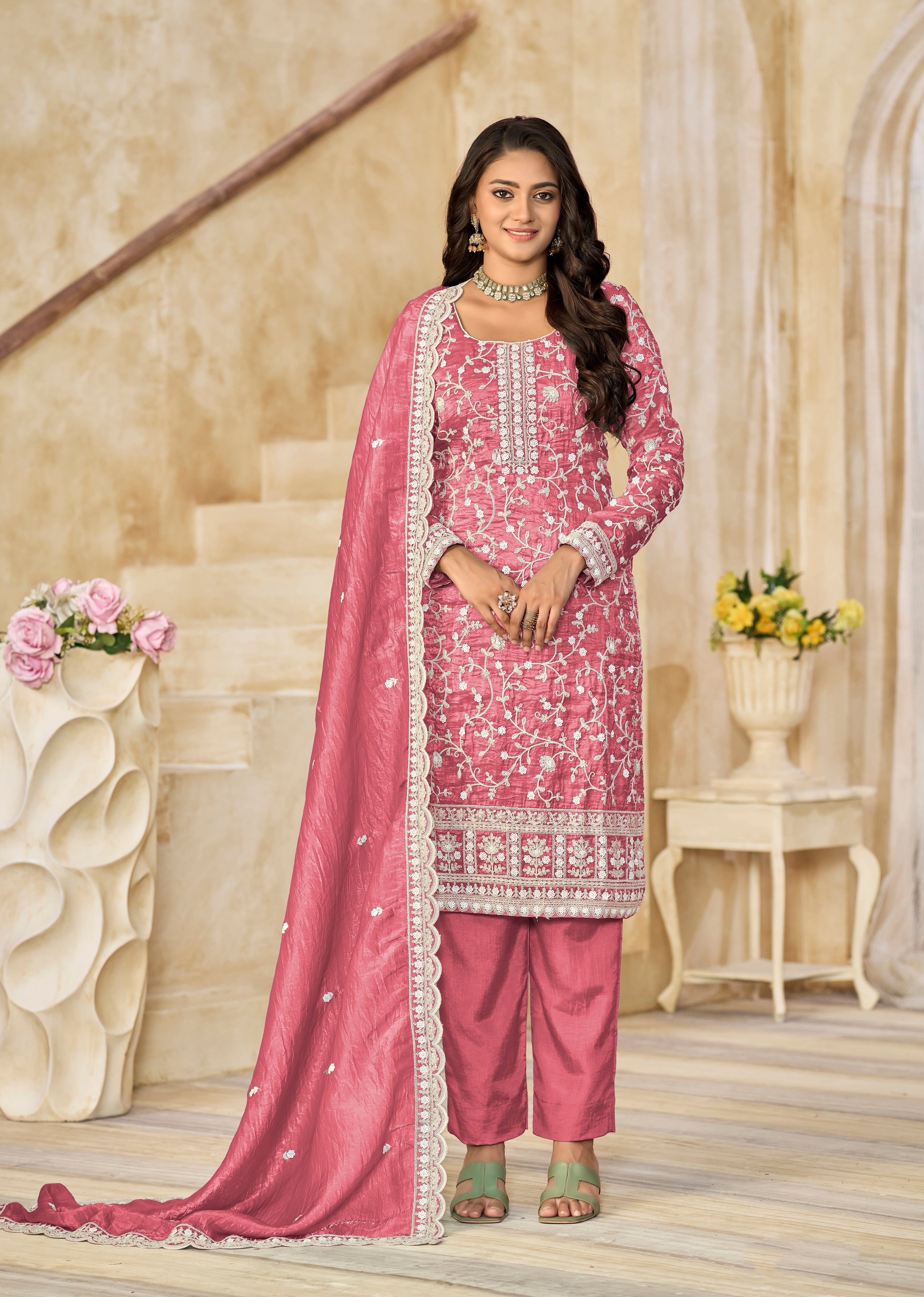 Organza Gold Crush Sequins Rose Pink Designer Salwar Kameez
