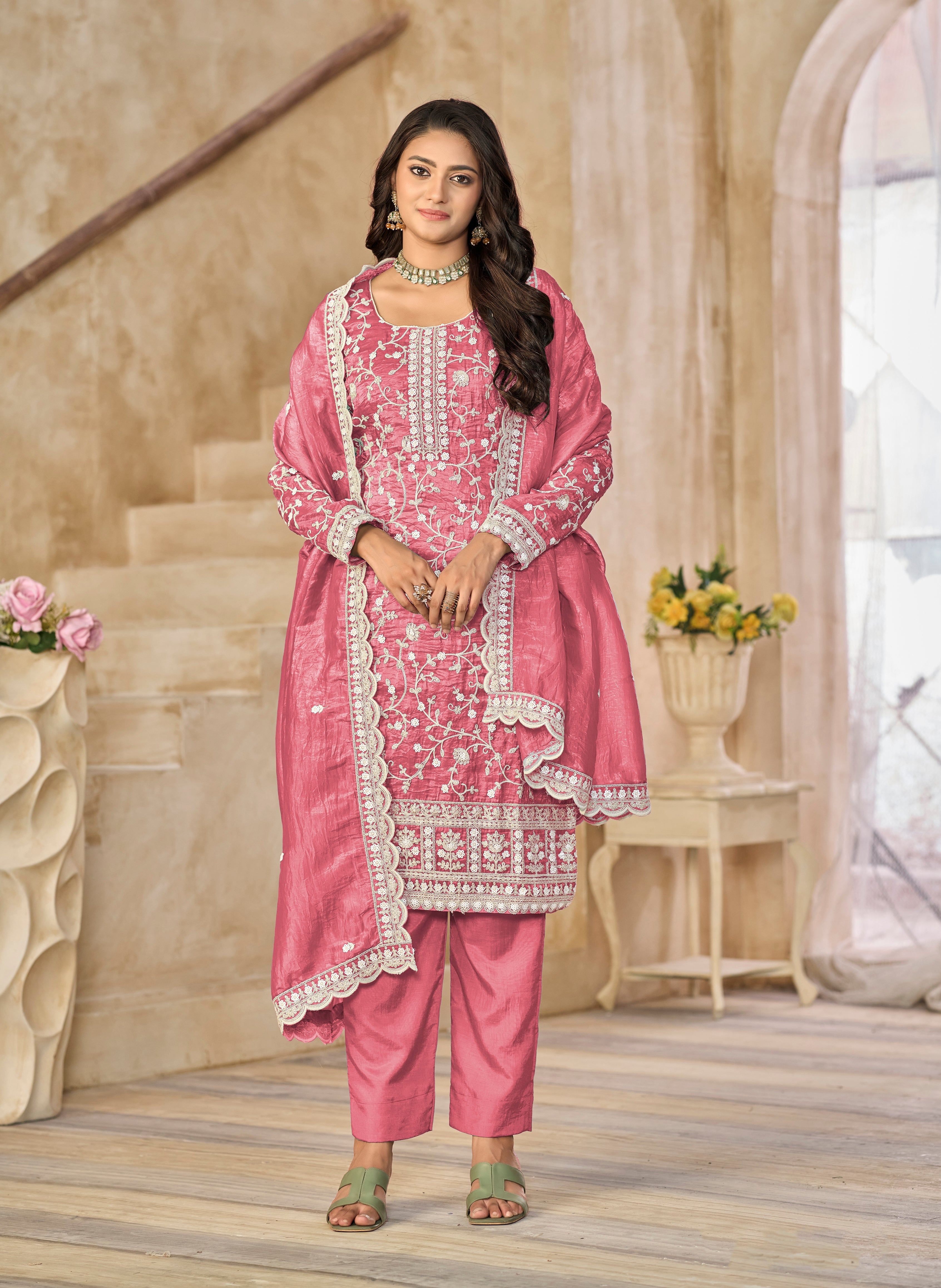 Organza Gold Crush Sequins Rose Pink Designer Salwar Kameez