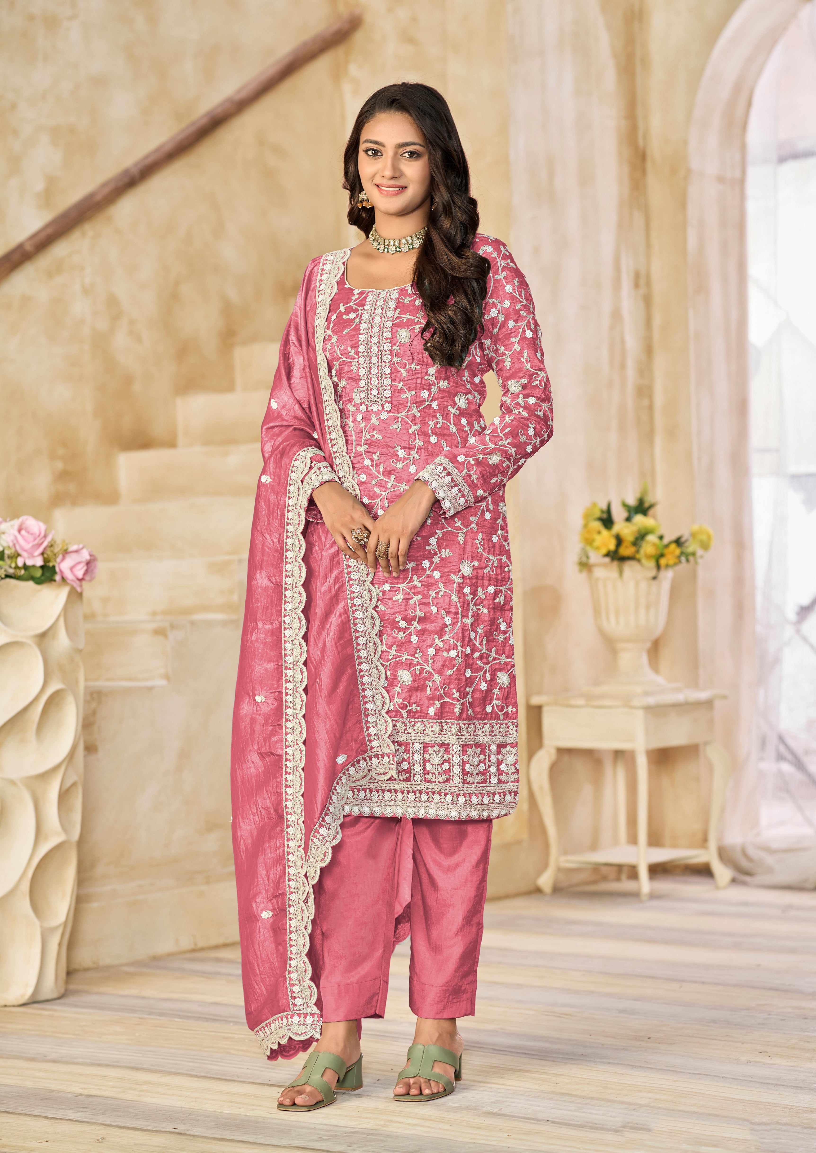 Organza Gold Crush Sequins Rose Pink Designer Salwar Kameez