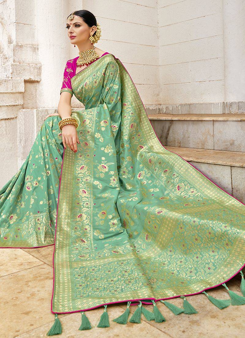 Parrot Green Banarasi Silk Blend Woven Wedding Saree