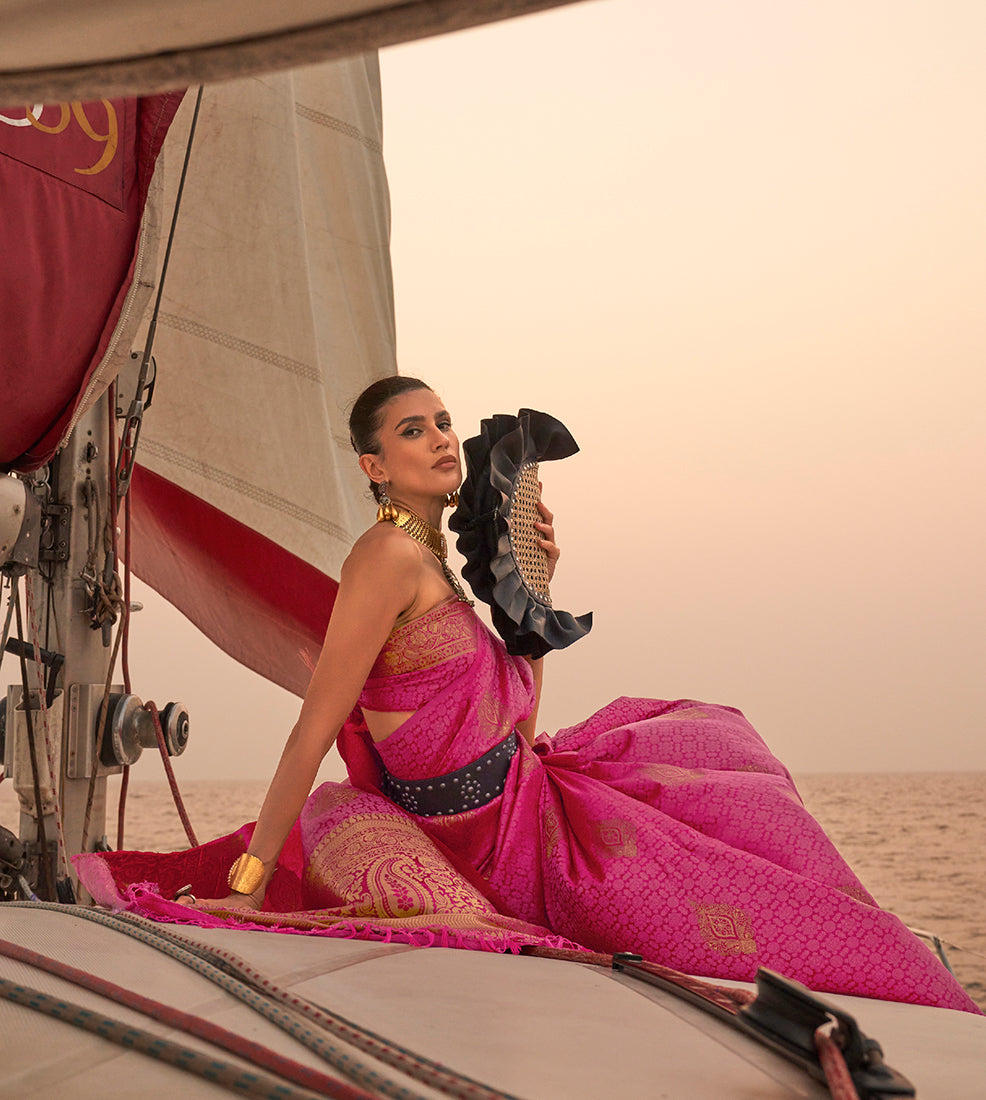 Dark Pink Satin Pastel Zari Weaving Festive Saree