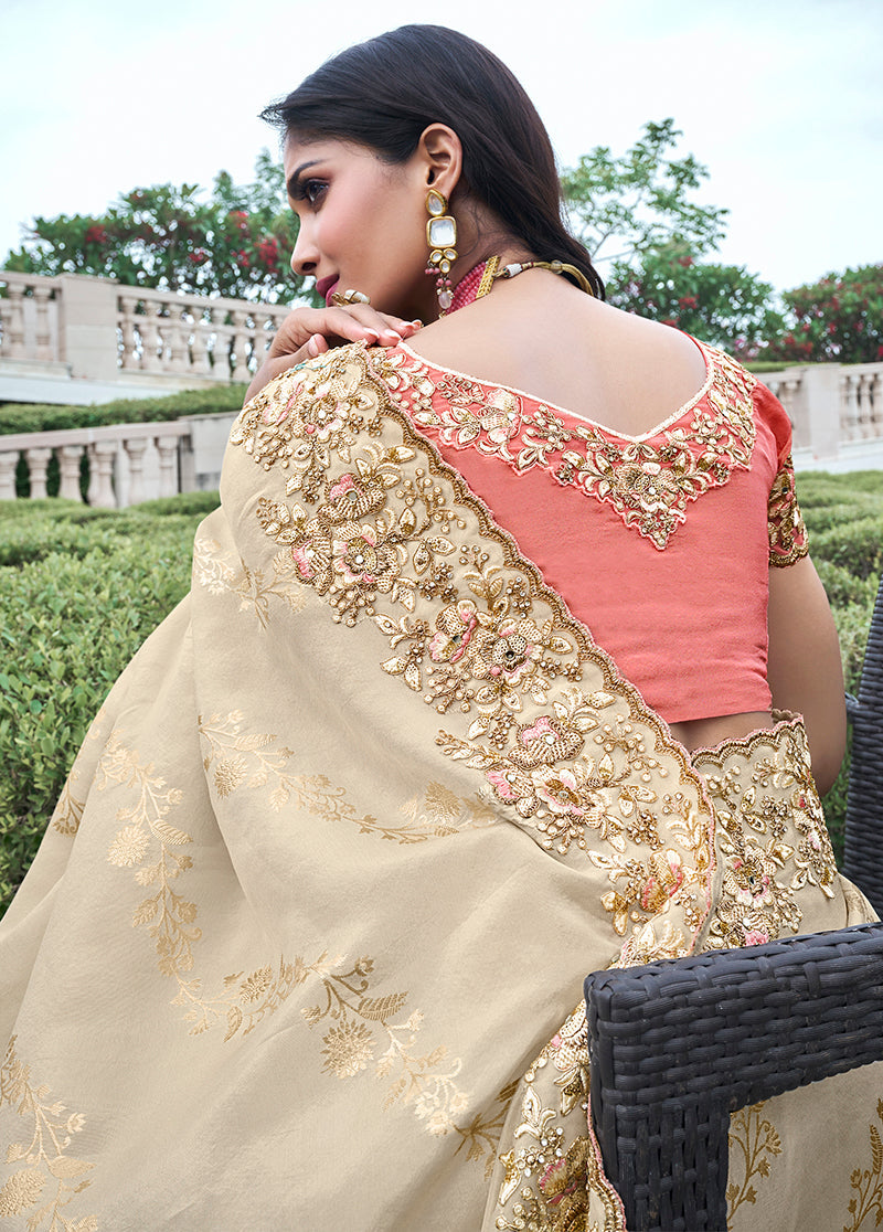 Cream Viscose Silk Zari Embroidered Saree