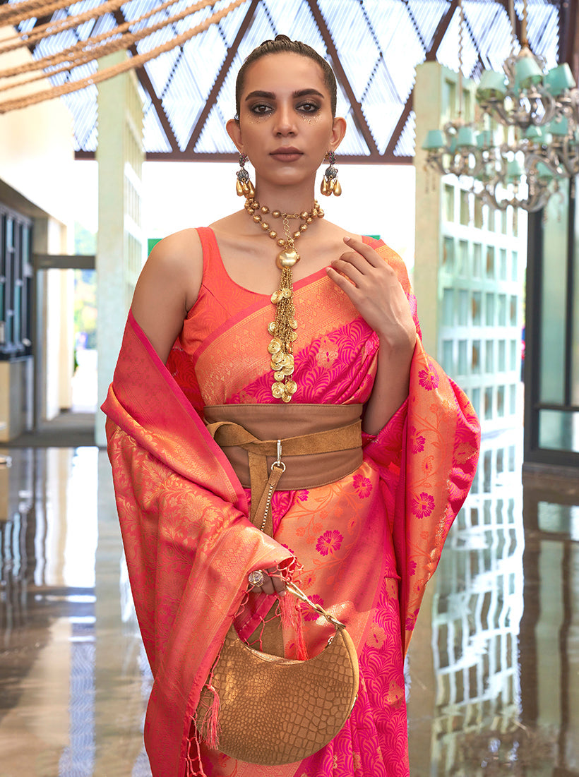 Peach and Pink Weaving Handloom silk Blend Trendy Saree