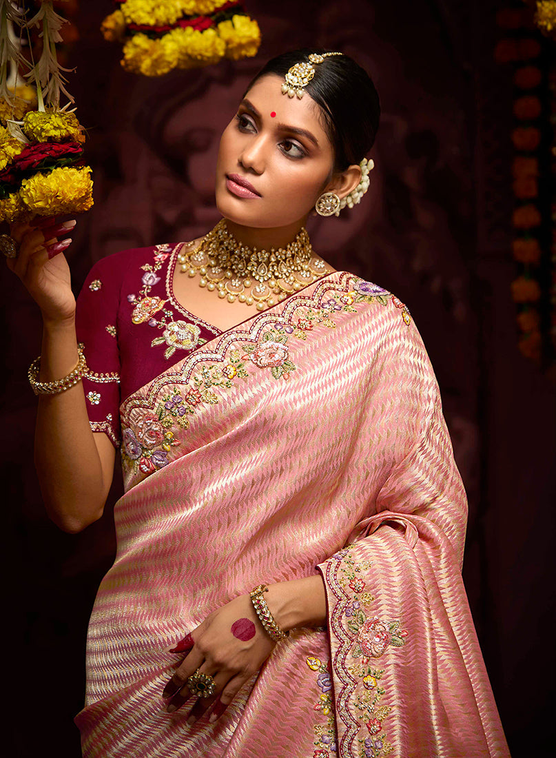 Peach Banarasi Silk Zari Woven Embroidered Saree With Contrast Blouse