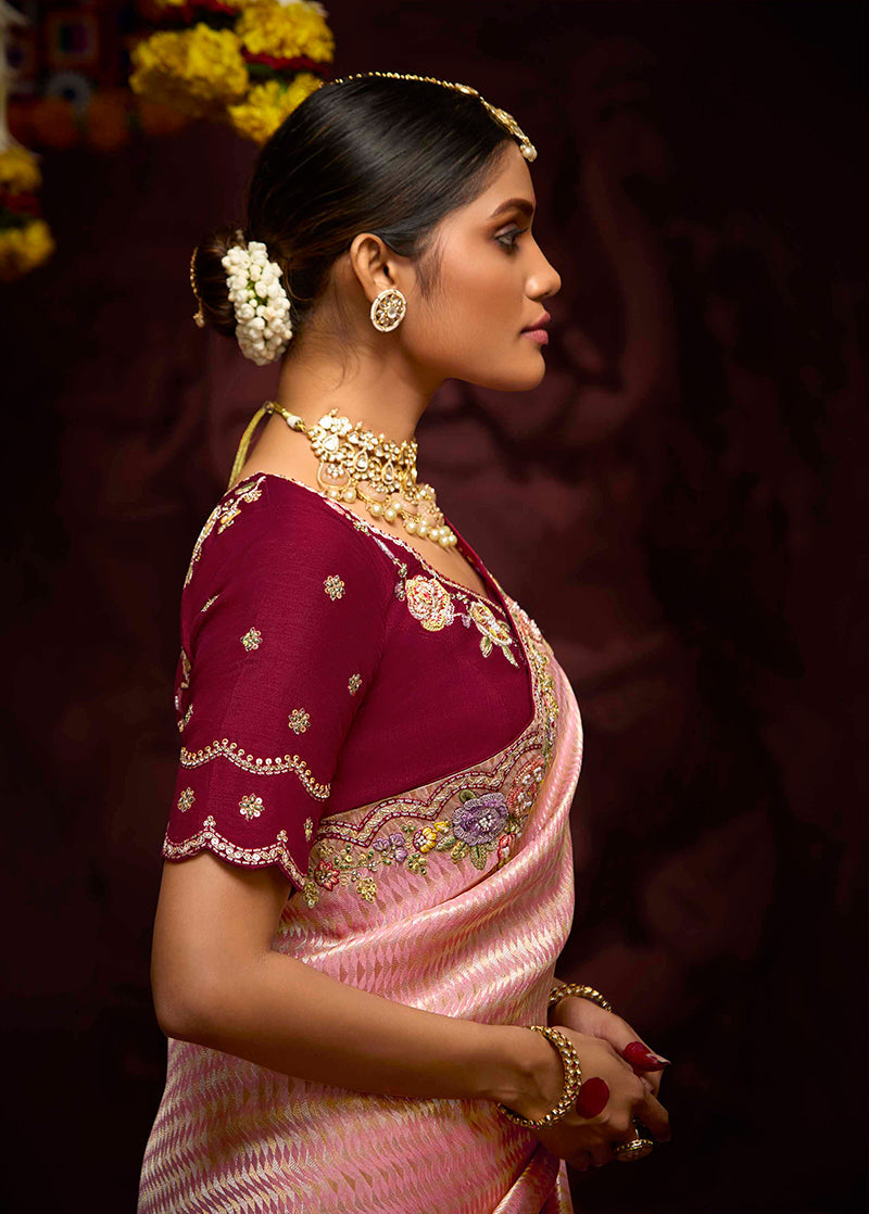 Peach Banarasi Silk Zari Woven Embroidered Saree With Contrast Blouse