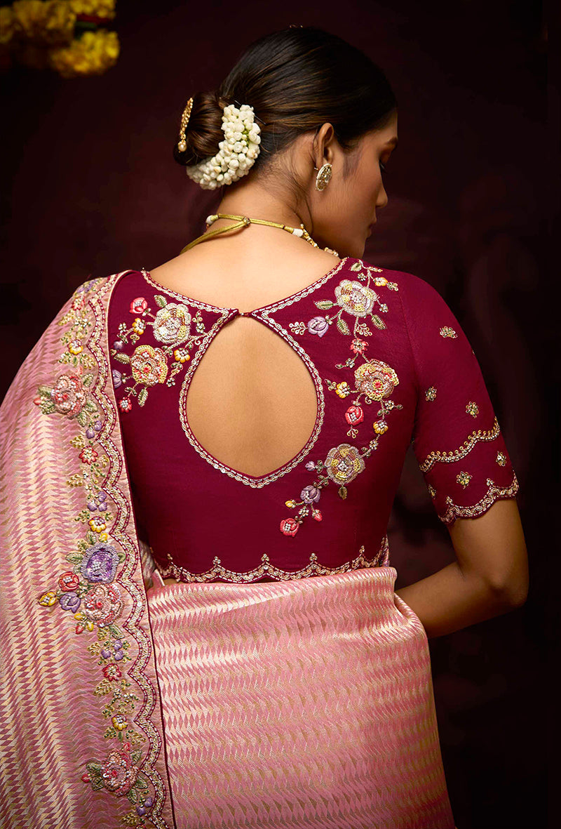 Peach Banarasi Silk Zari Woven Embroidered Saree With Contrast Blouse