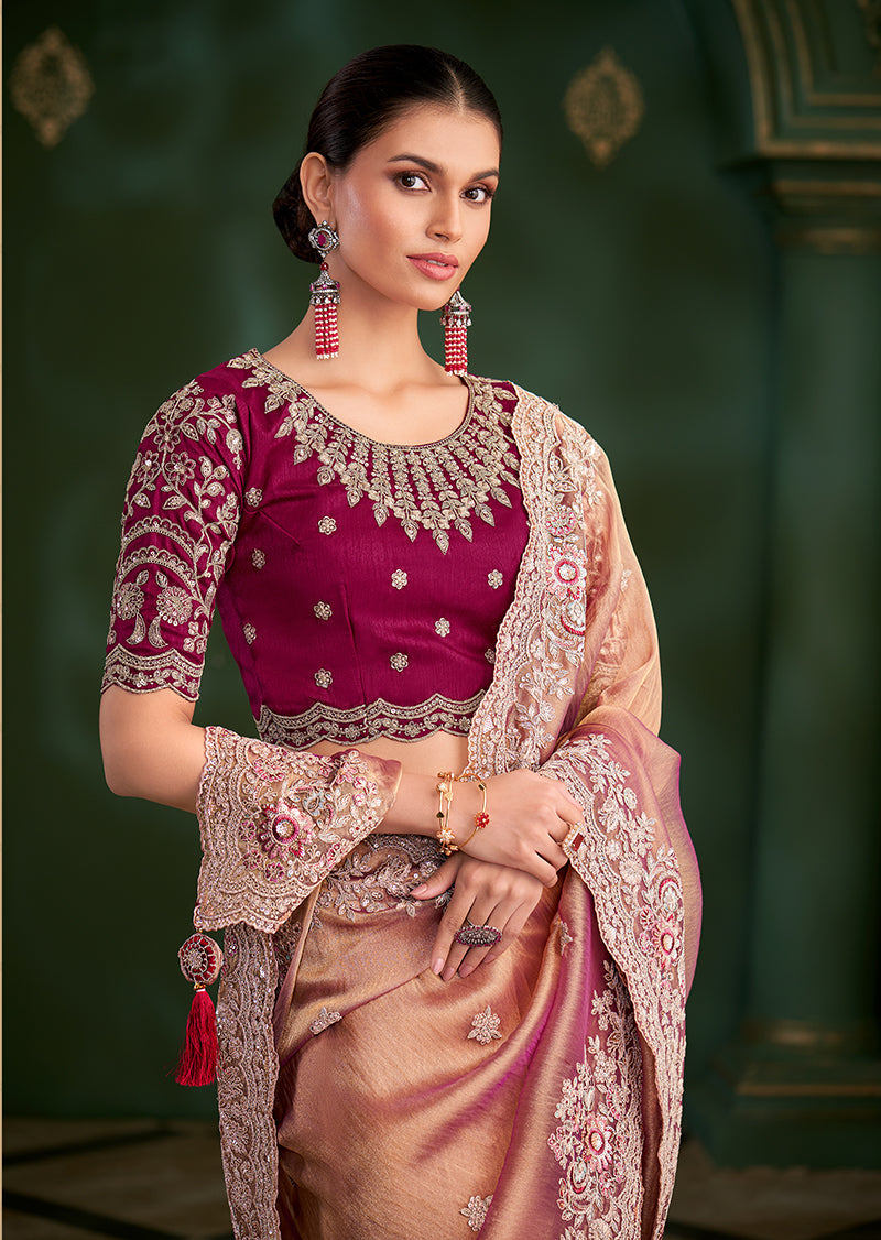 Peach Color Shaded Georgette Saree With Heavy Work Blouse