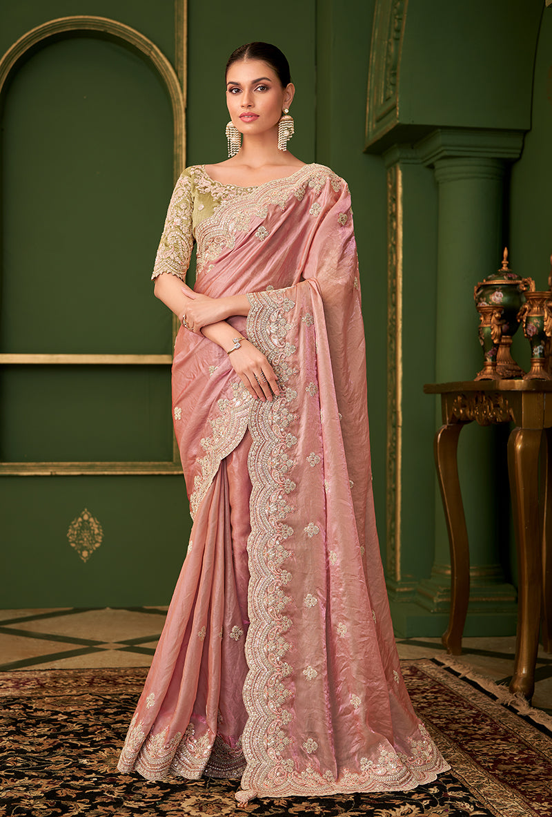 Peach Color Shining Satin Georgette Saree With Heavy Work Blouse