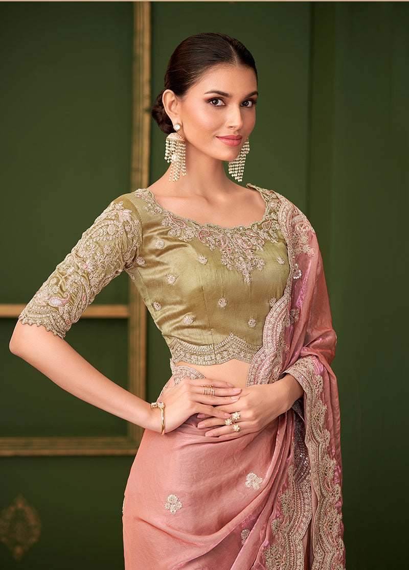 Peach Color Shining Satin Georgette Saree With Heavy Work Blouse