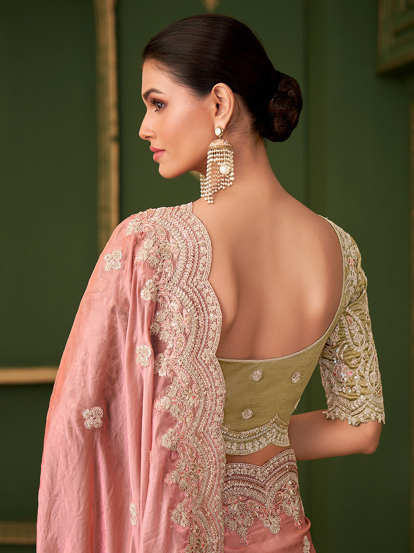 Peach Color Shining Satin Georgette Saree With Heavy Work Blouse