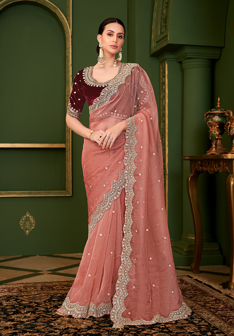 Peach Color Tissue Georgette Silk Saree With Heavy Work Blouse