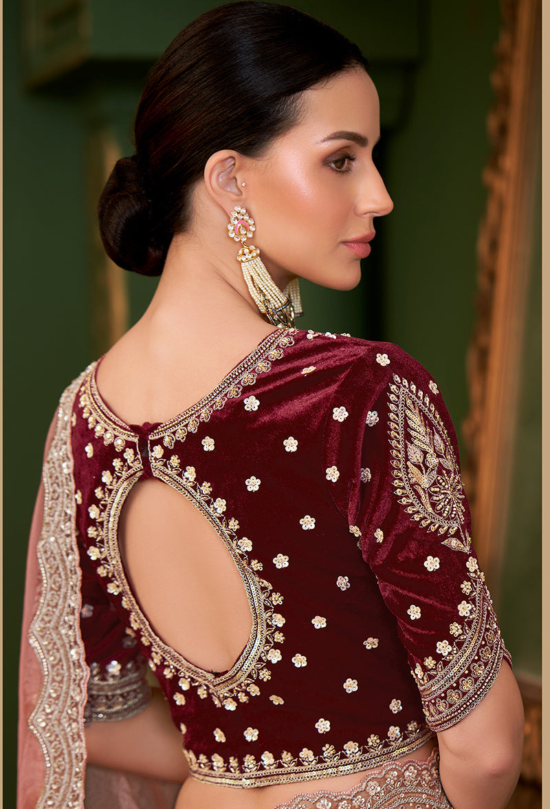 Peach Color Tissue Georgette Silk Saree With Heavy Work Blouse