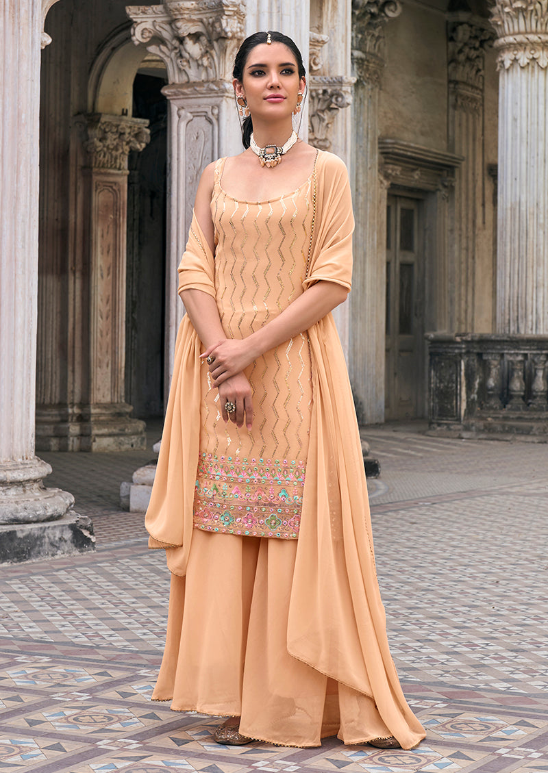 Peach Georgette Embroidery Sequence Work Sharara Suit
