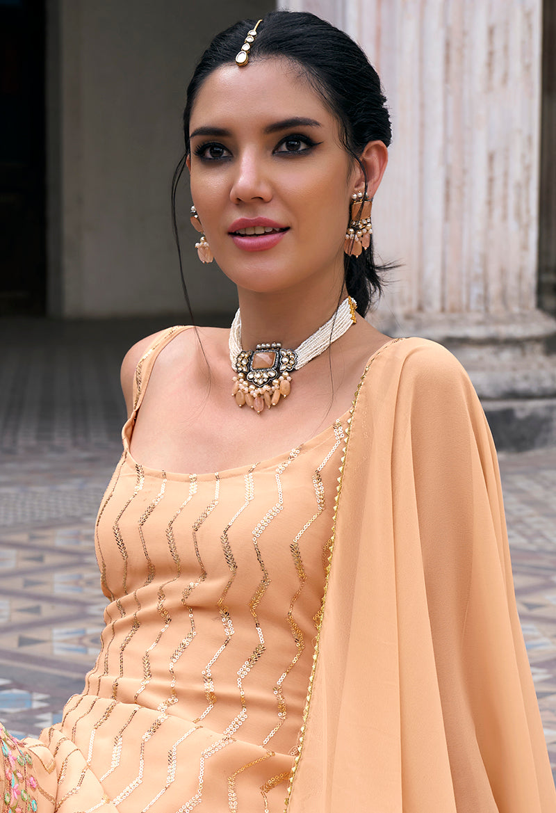 Peach Georgette Embroidery Sequence Work Sharara Suit