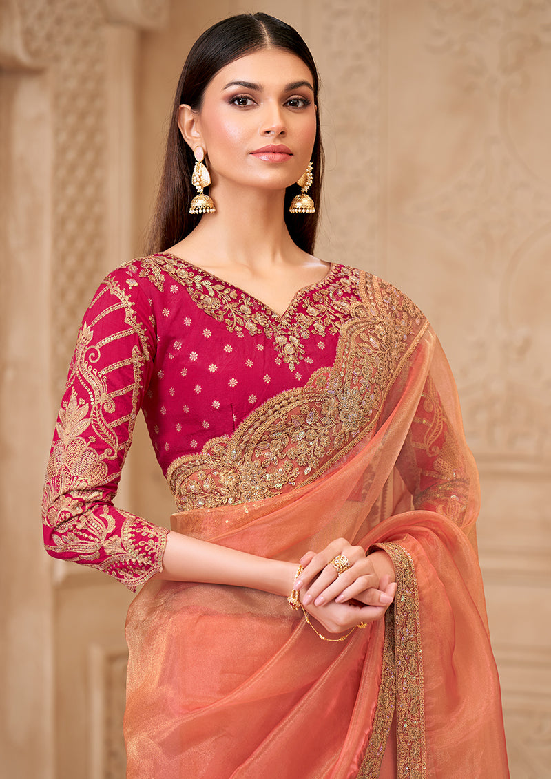 Peach gold sparkle Color Georgette silk Fancy Designer Festival Saree