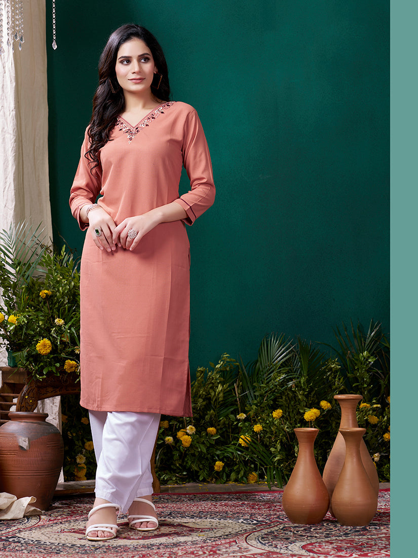Peach Maaza Cotton Handwork with Pocket Causal Kurti