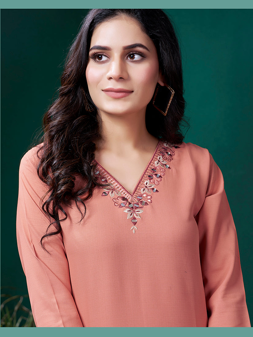 Peach Maaza Cotton Handwork with Pocket Causal Kurti
