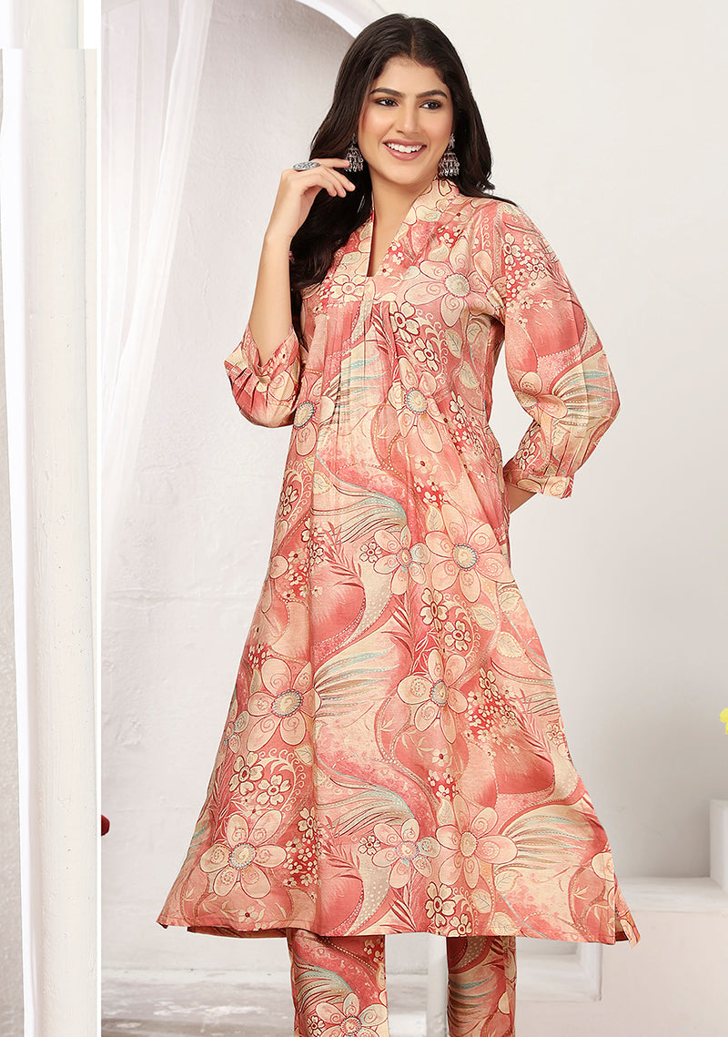 Peach nd Pink Rayon Floral Print Casual Trendy Co ord Set