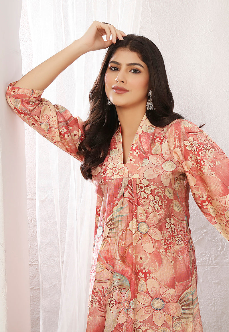 Peach nd Pink Rayon Floral Print Casual Trendy Co ord Set
