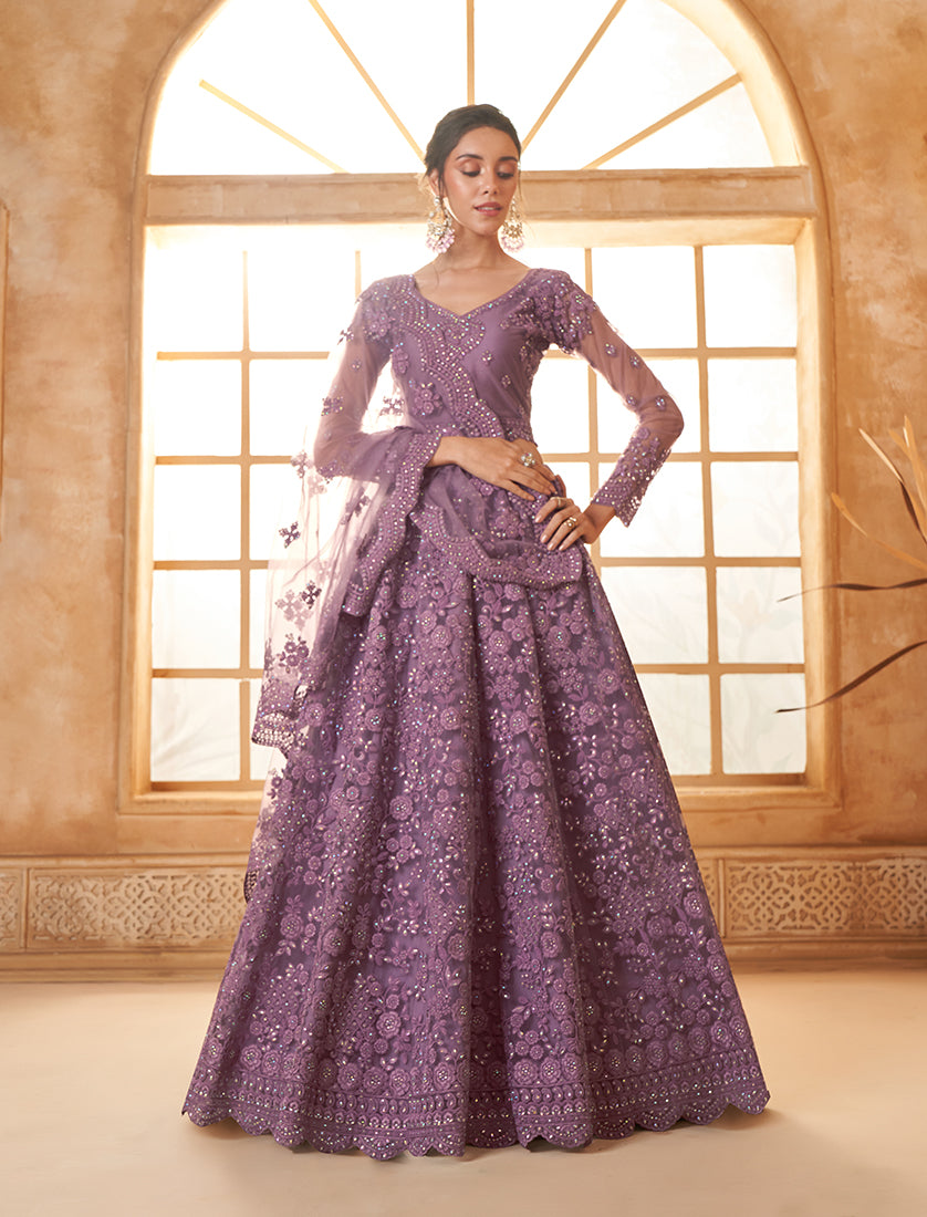 Mauve Net Embroidered Designer Bridal Lehenga Choli