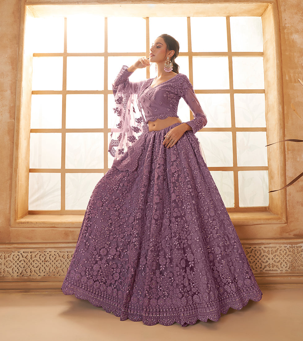 Mauve Net Embroidered Designer Bridal Lehenga Choli