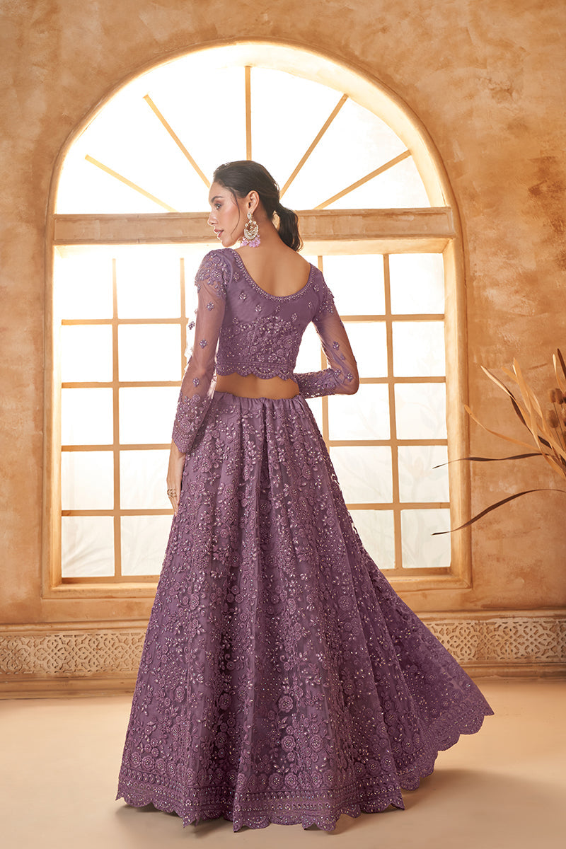 Mauve Net Embroidered Designer Bridal Lehenga Choli
