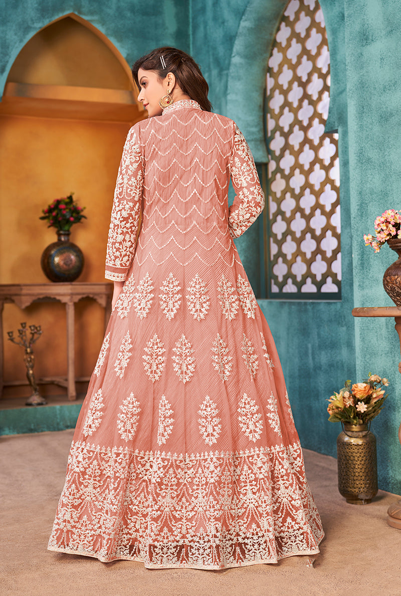Peach Net Embroidered Designer Floor Length Suit