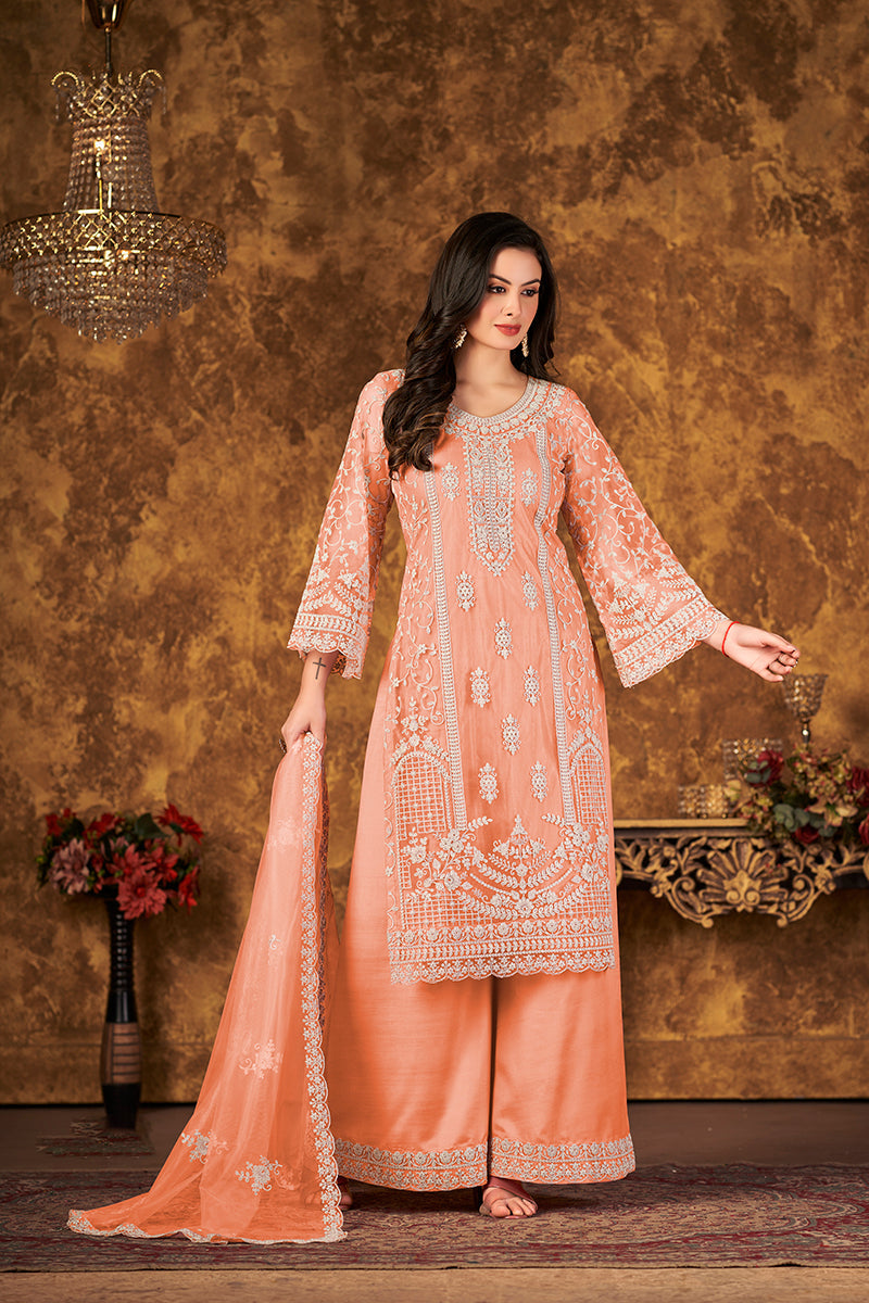 Peach Net Embroidered Stunning Palazzo Suit