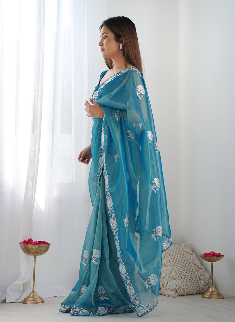 Teal Net Thread Embroidery Sequins Work Saree