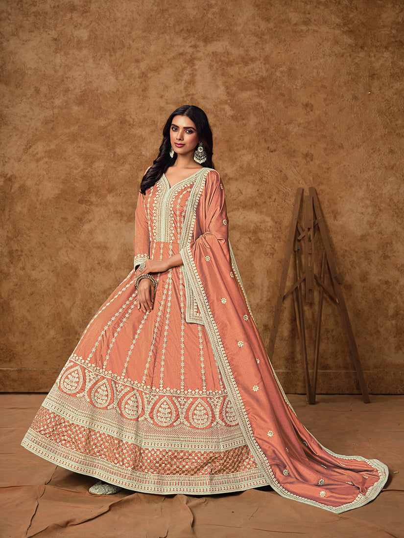 Peach Pure Dola Silk Embroidered Ceremonial Gown
