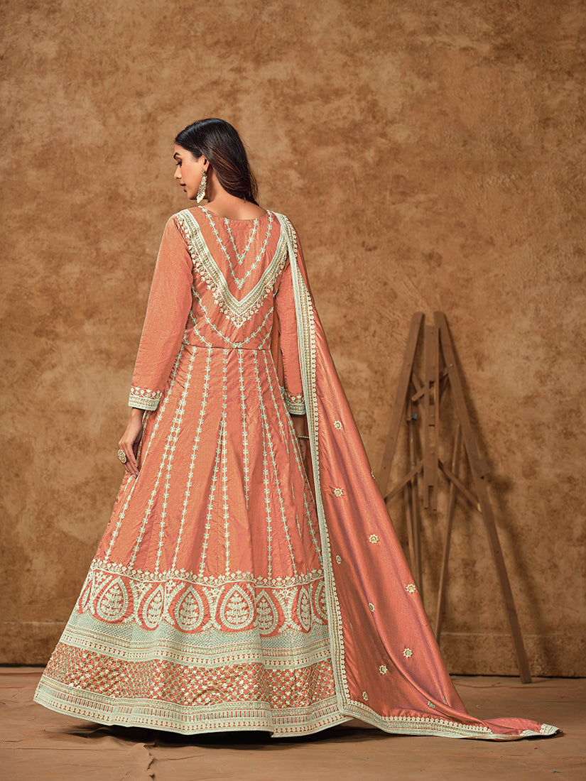 Peach Pure Dola Silk Embroidered Ceremonial Gown