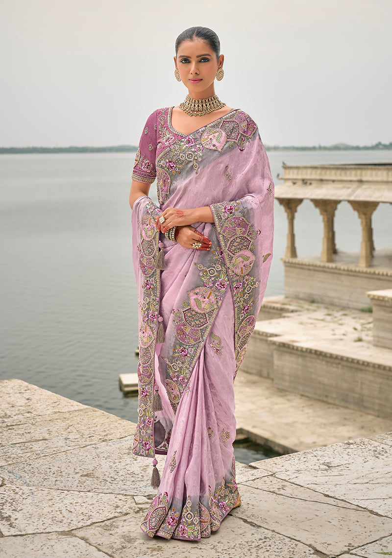 Lavender Banarasi Silk Embroidered with Heavy Patchwork Border Saree