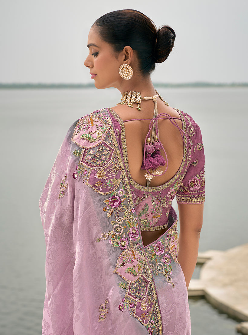 Lavender Banarasi Silk Embroidered with Heavy Patchwork Border Saree