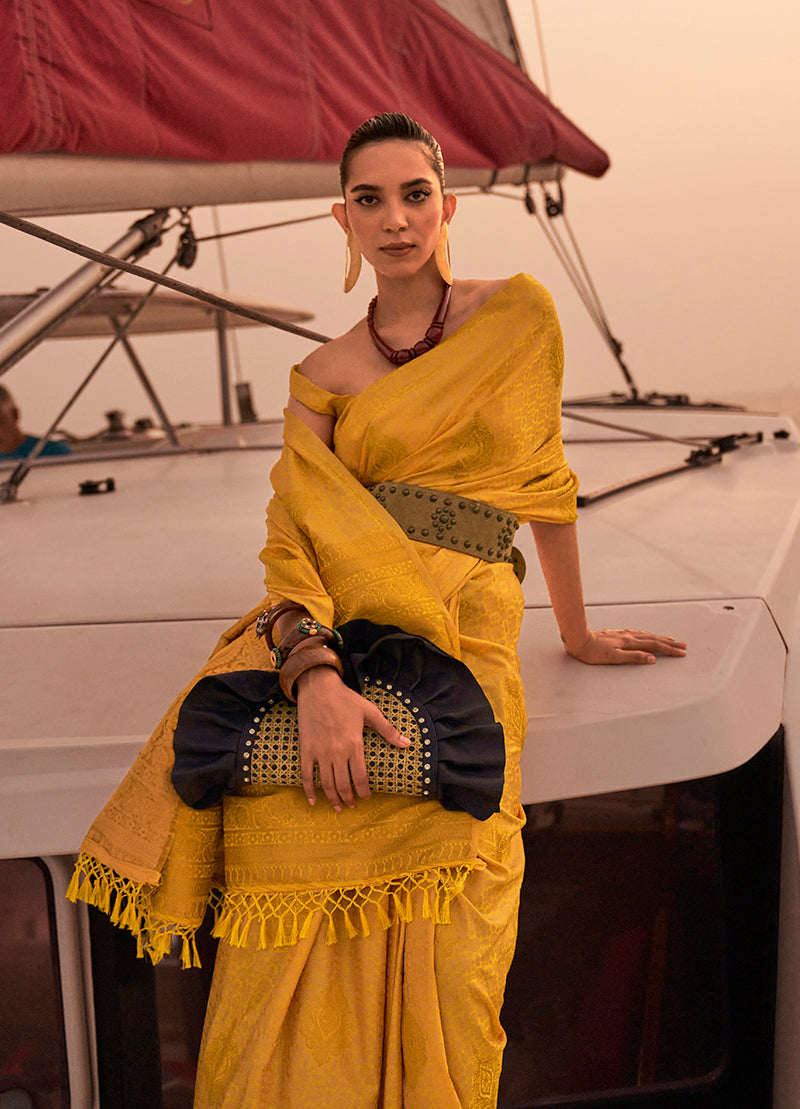 Yellow Satin Pastel Zari Weaving Festive Saree