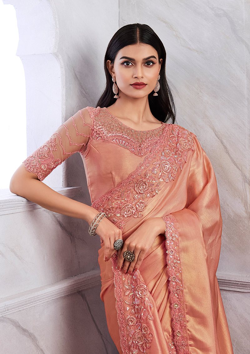 Peach Shimmer Silk Sequin Embroidered Border Saree