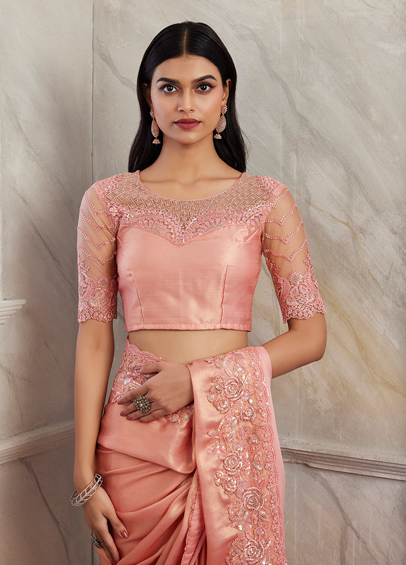 Peach Shimmer Silk Sequin Embroidered Border Saree