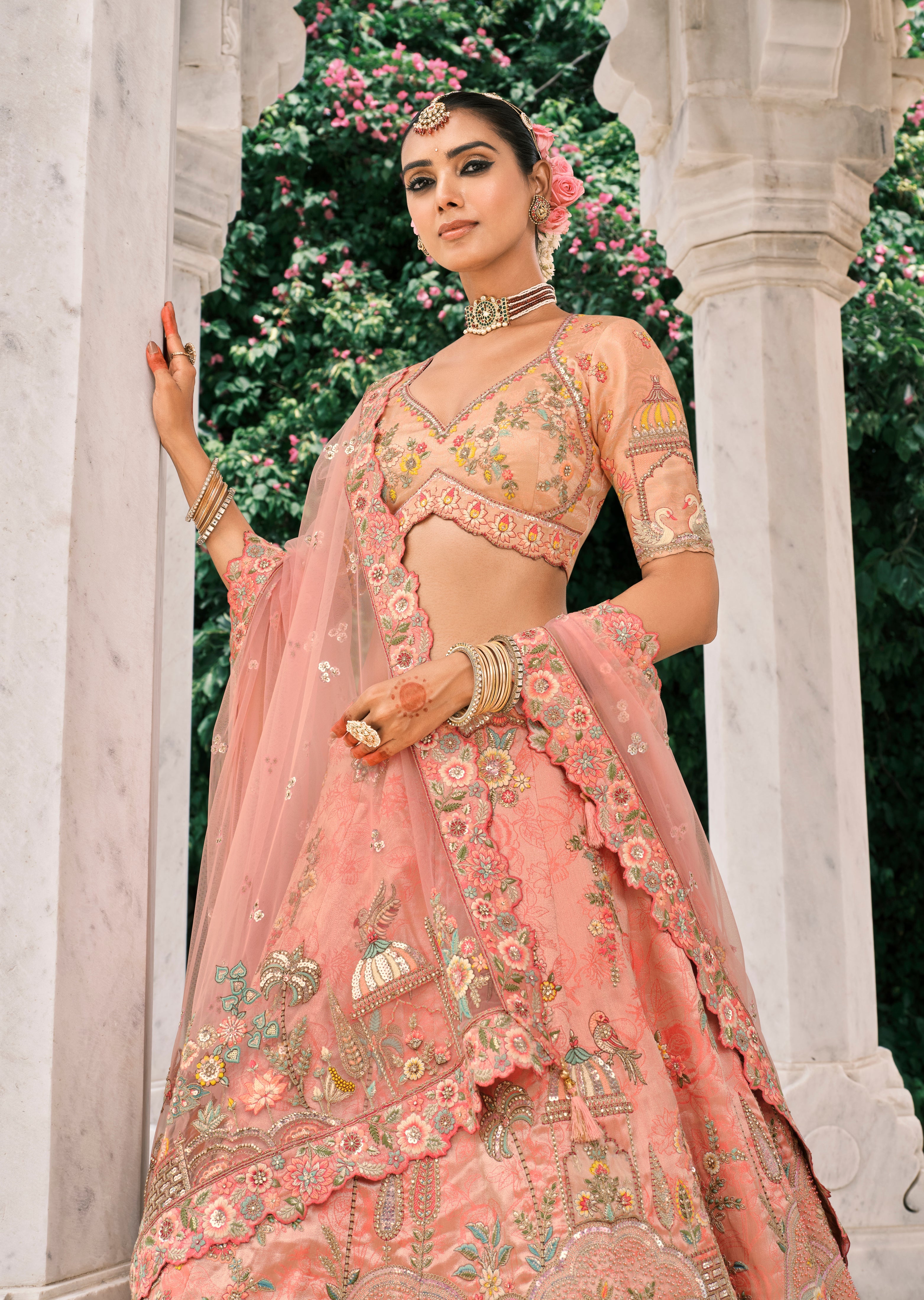 Peach Silk Bridal Lehenga With Thread Embroidery And Stone Work