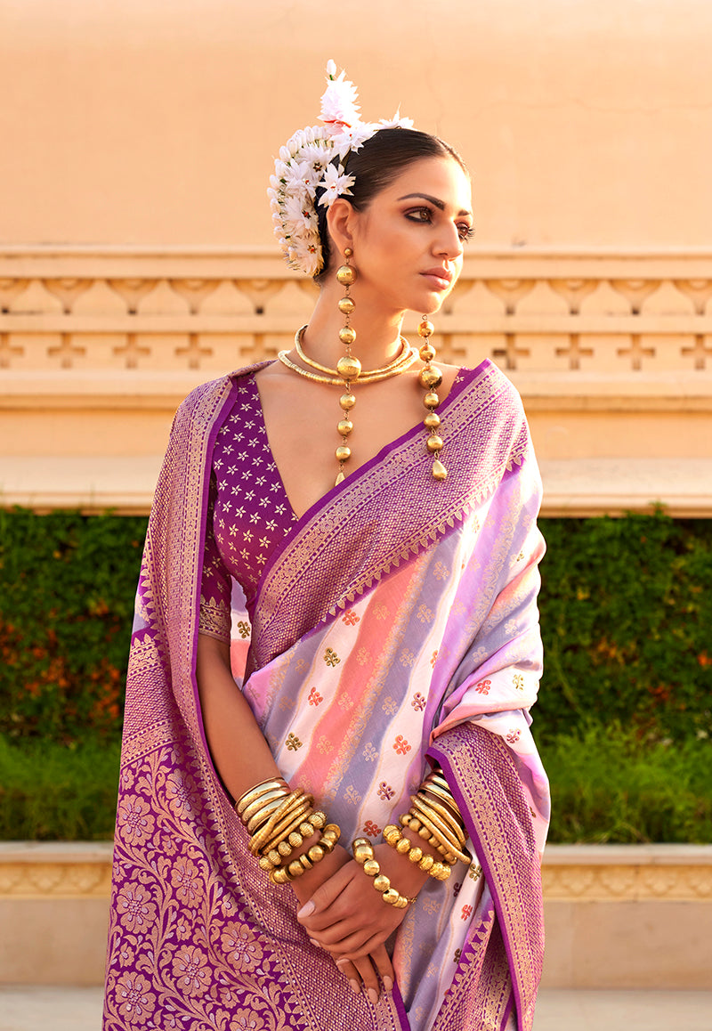 Purple Silk Foil Print Saree