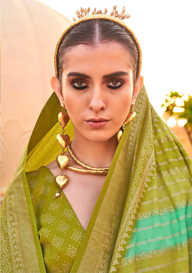 Olive Green Silk Foil Print Saree