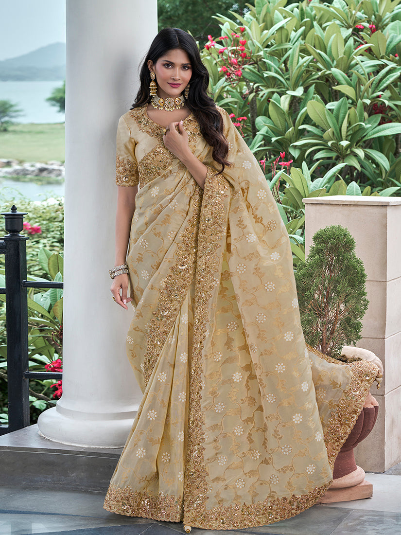 Beige Viscose Silk Zari Embroidered Border Saree