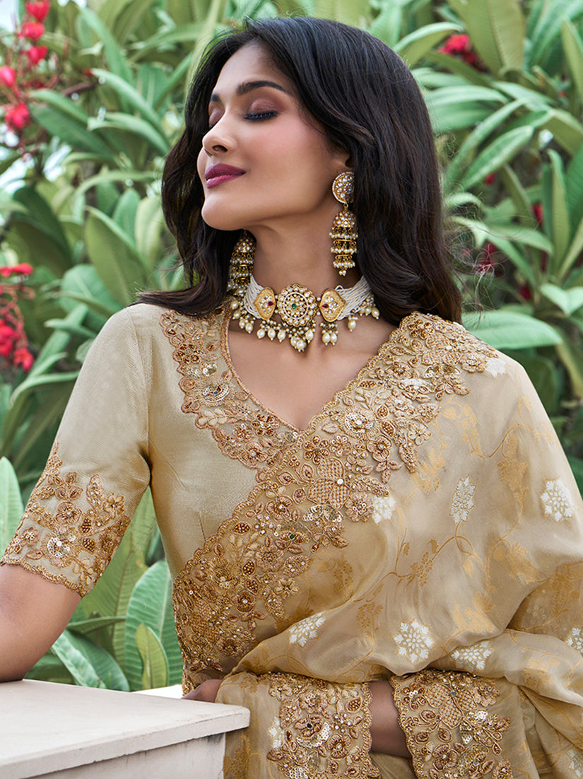 Beige Viscose Silk Zari Embroidered Border Saree