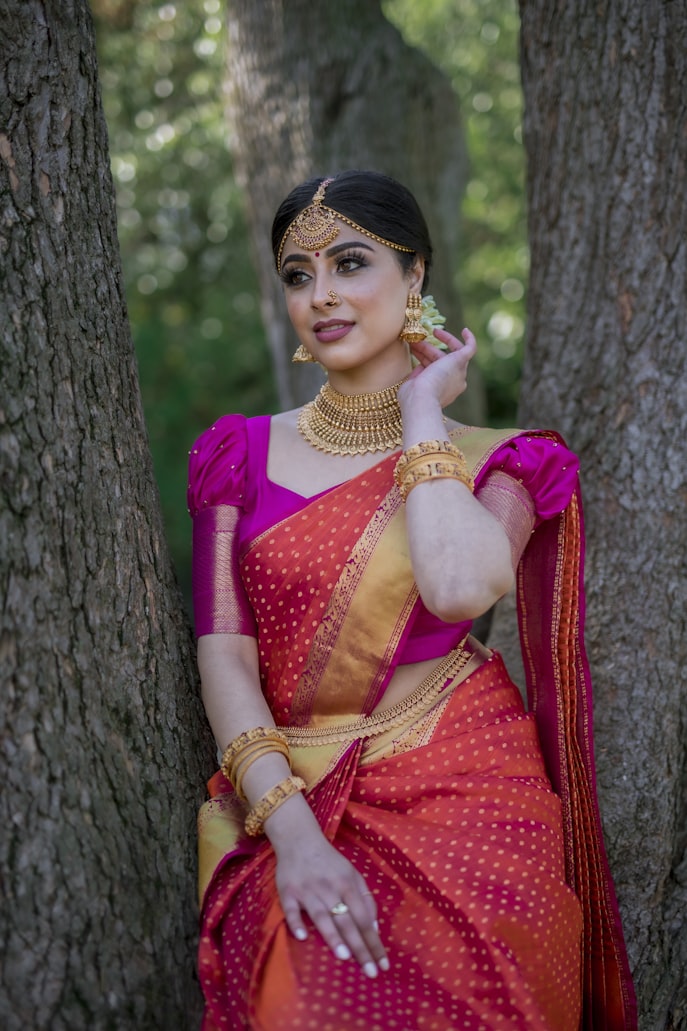 Red Printed Satin Saree - Monjolika Fashion