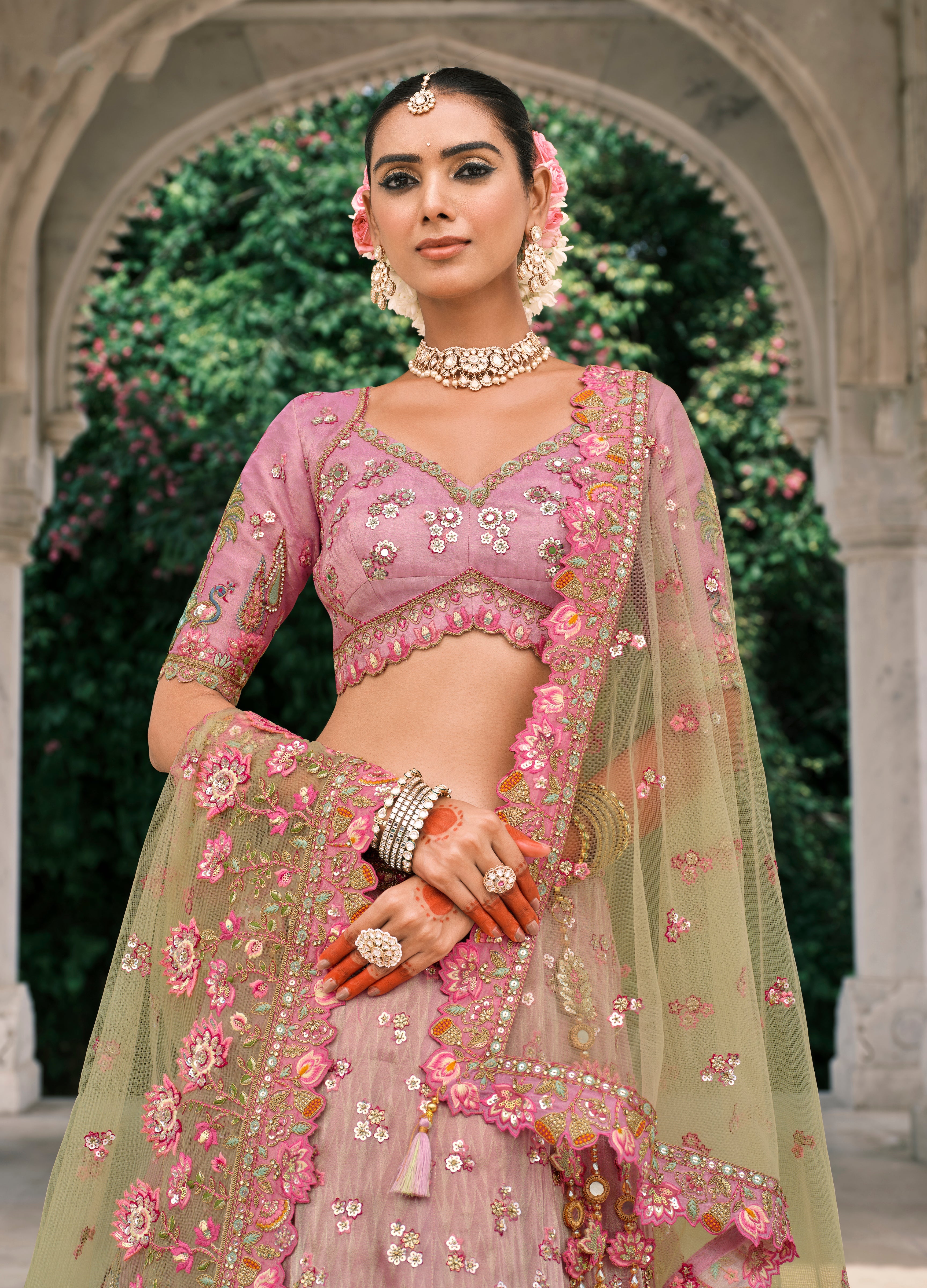Pink And Light Green Silk Bridal Lehenga With Embroidery And Sequins Work