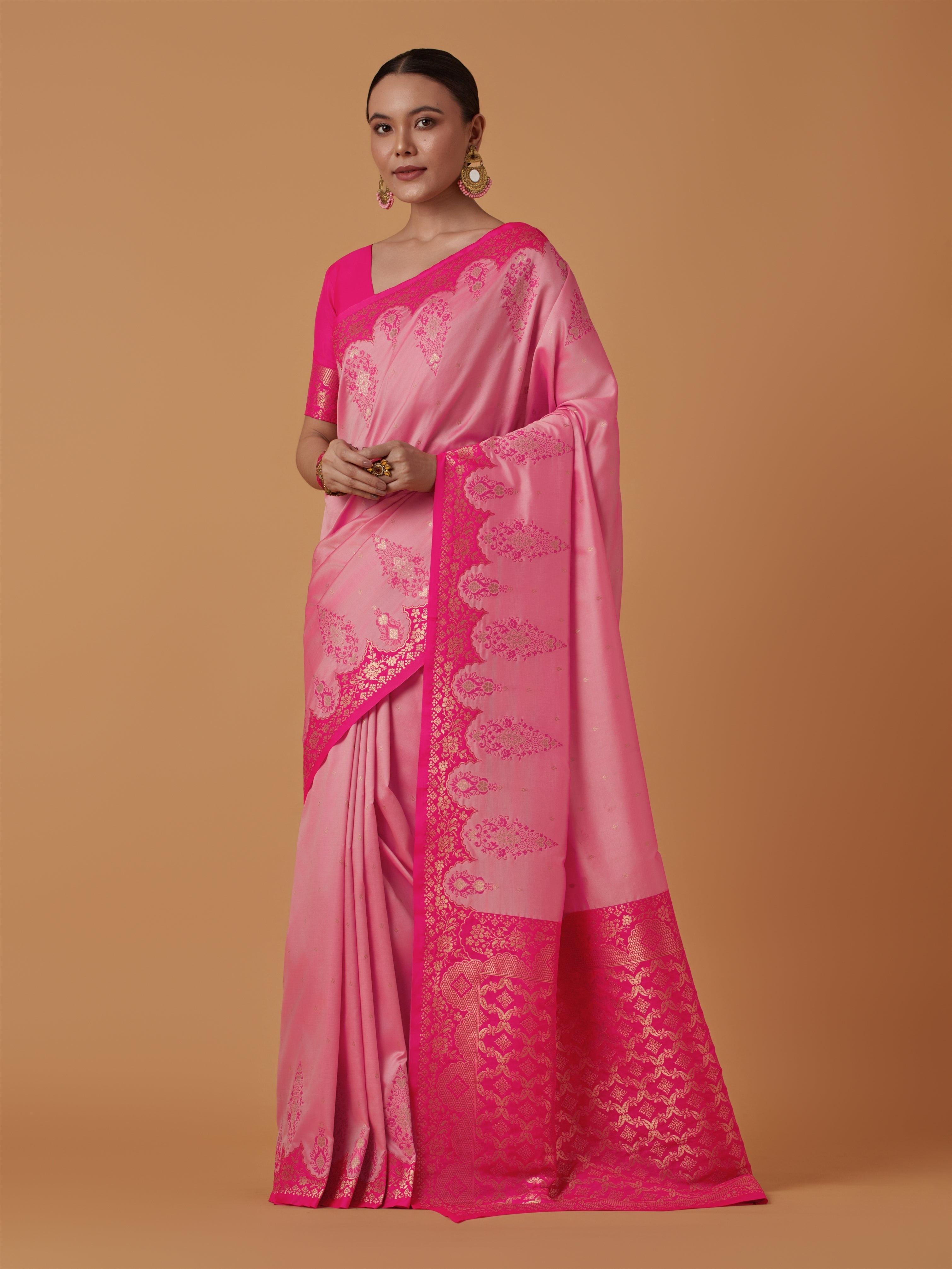 Pink Banarasi Silk Blend Zari Woven Contemporary Saree