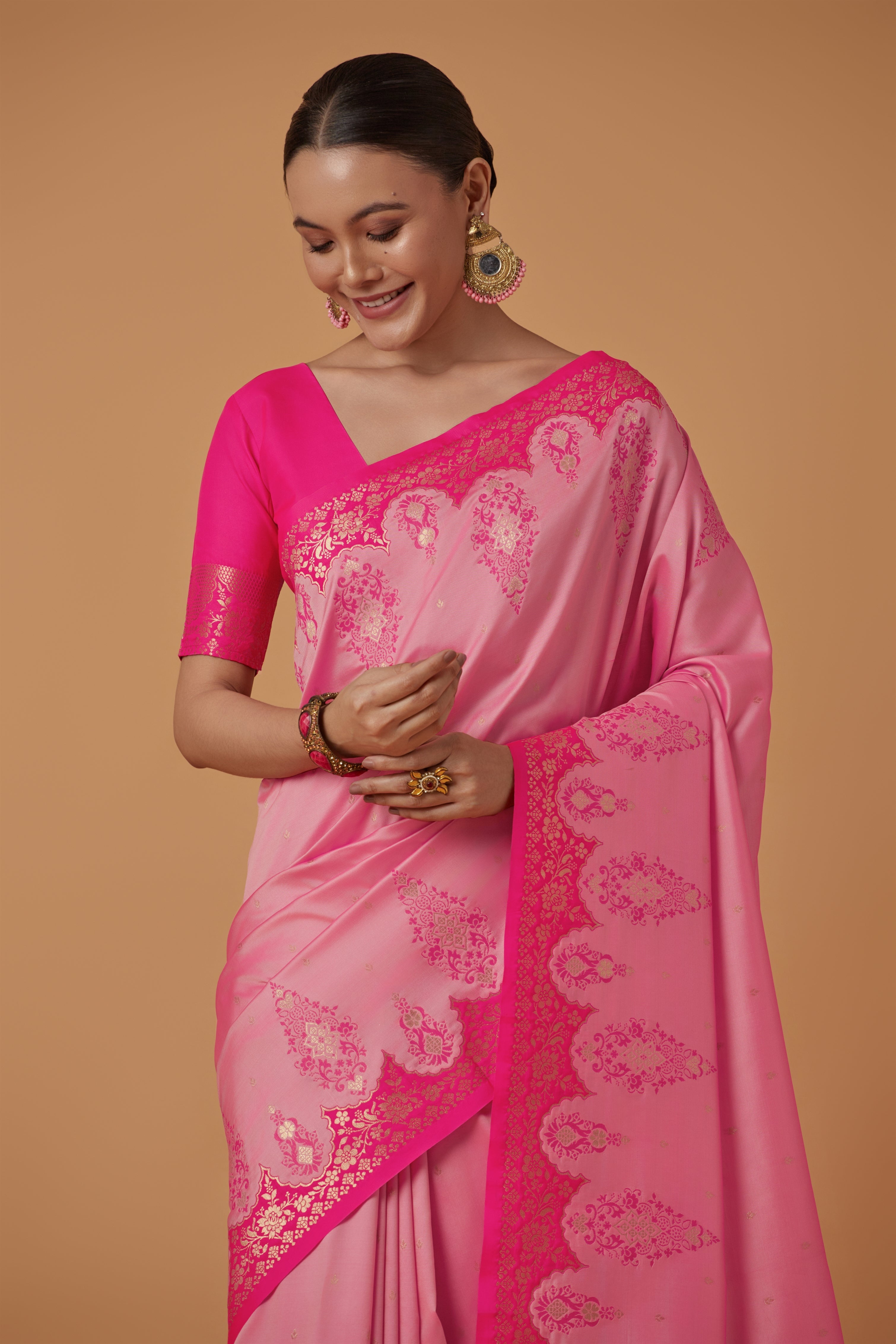 Pink Banarasi Silk Blend Zari Woven Contemporary Saree