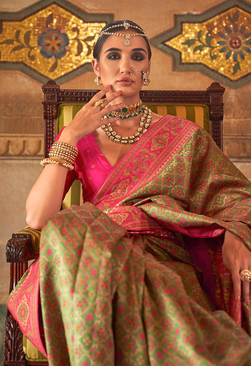 Olive Green Banarasi Silk Weaving Work Saree