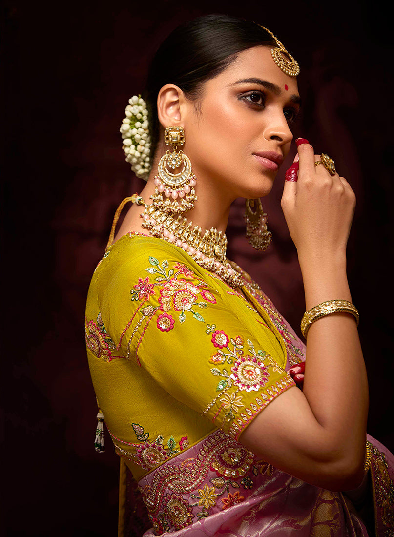 Pink Banarasi Silk Zari Woven Embroidered Saree With Contrast Blouse