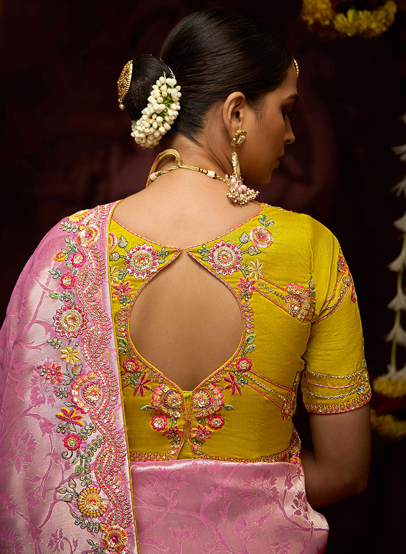 Pink Banarasi Silk Zari Woven Embroidered Saree With Contrast Blouse