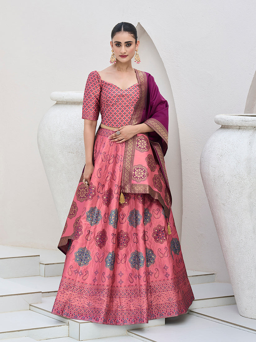 Pink Color Kanjiwaram Silk Jacquard Designer Lehenga Choli