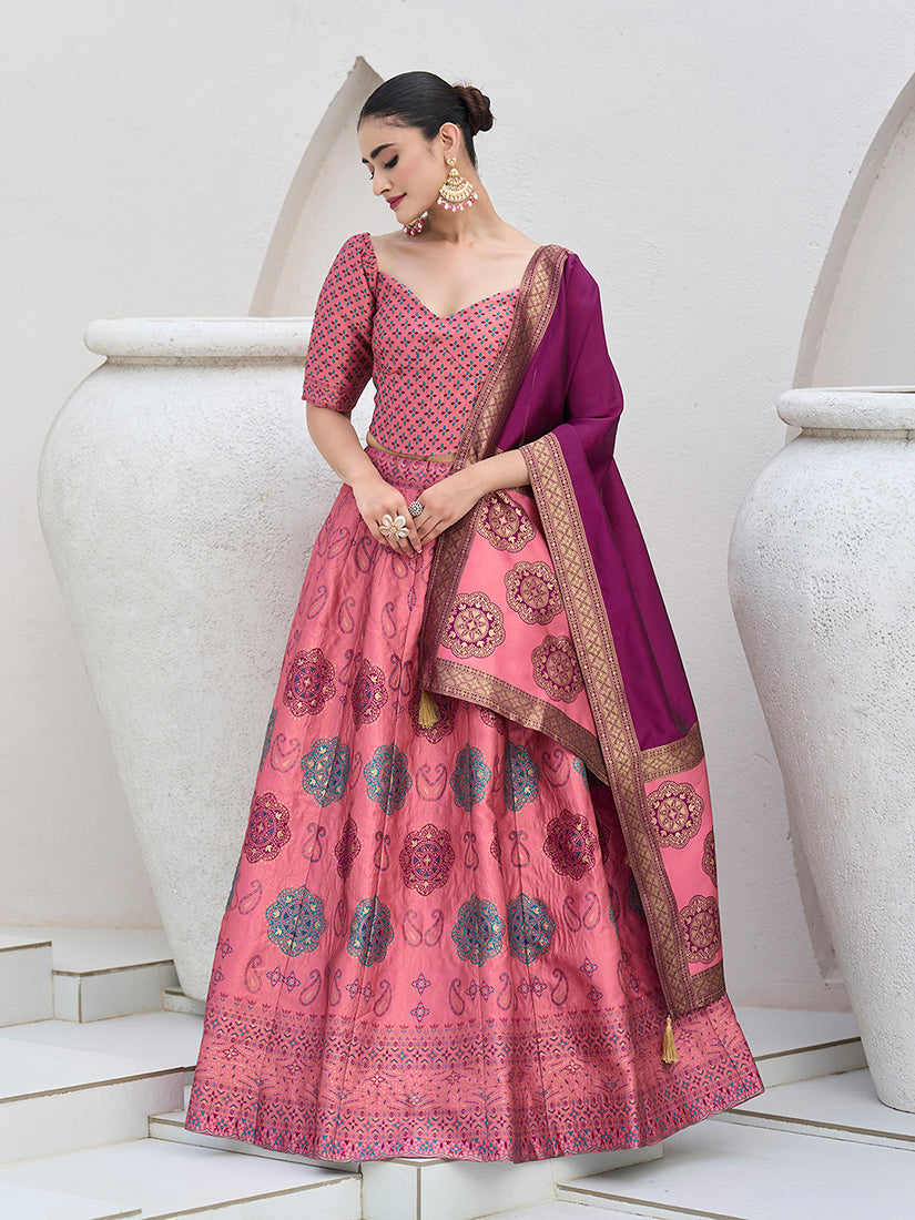 Pink Color Kanjiwaram Silk Jacquard Designer Lehenga Choli